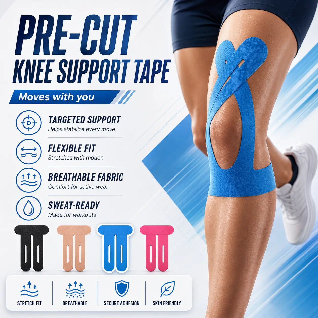 Precut Kinesiology Tape for Knees, 10 Pcs Waterproof Athletic Knee Support Tape for Running, Gym, Basketball & Training