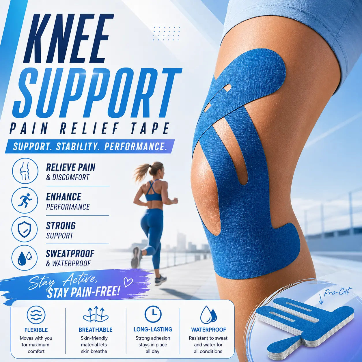 Precut Kinesiology Tape for Knees, 10 Pcs Waterproof Athletic Knee Support Tape for Running, Gym, Basketball & Training