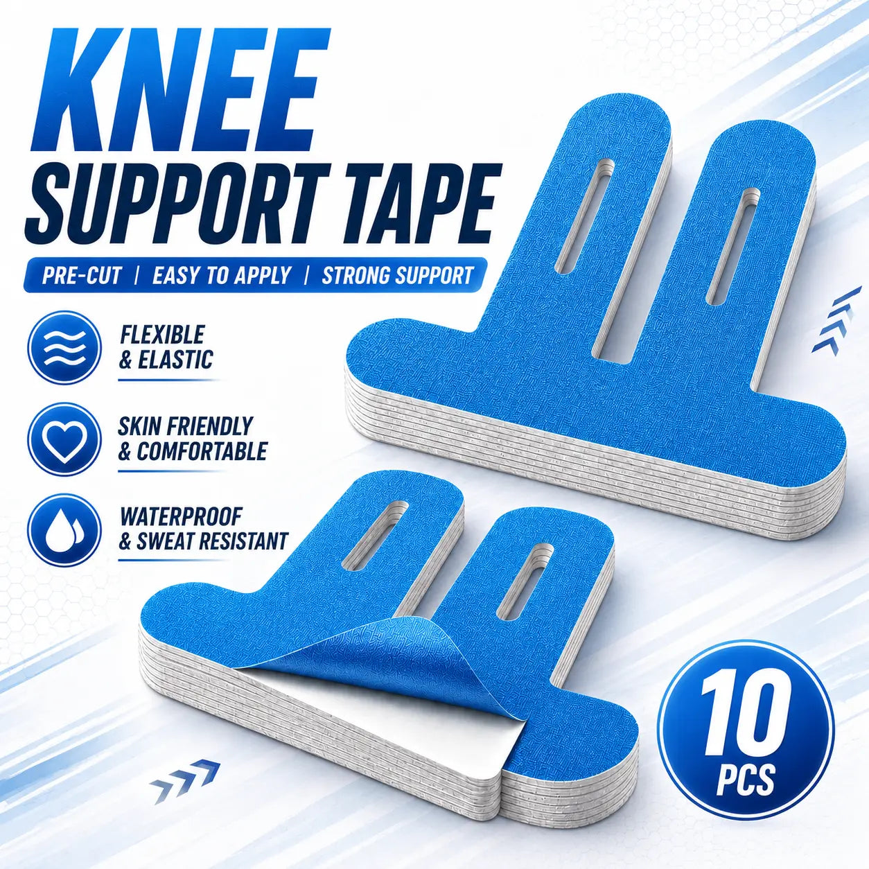 Precut Kinesiology Tape for Knees, 10 Pcs Waterproof Athletic Knee Support Tape for Running, Gym, Basketball & Training